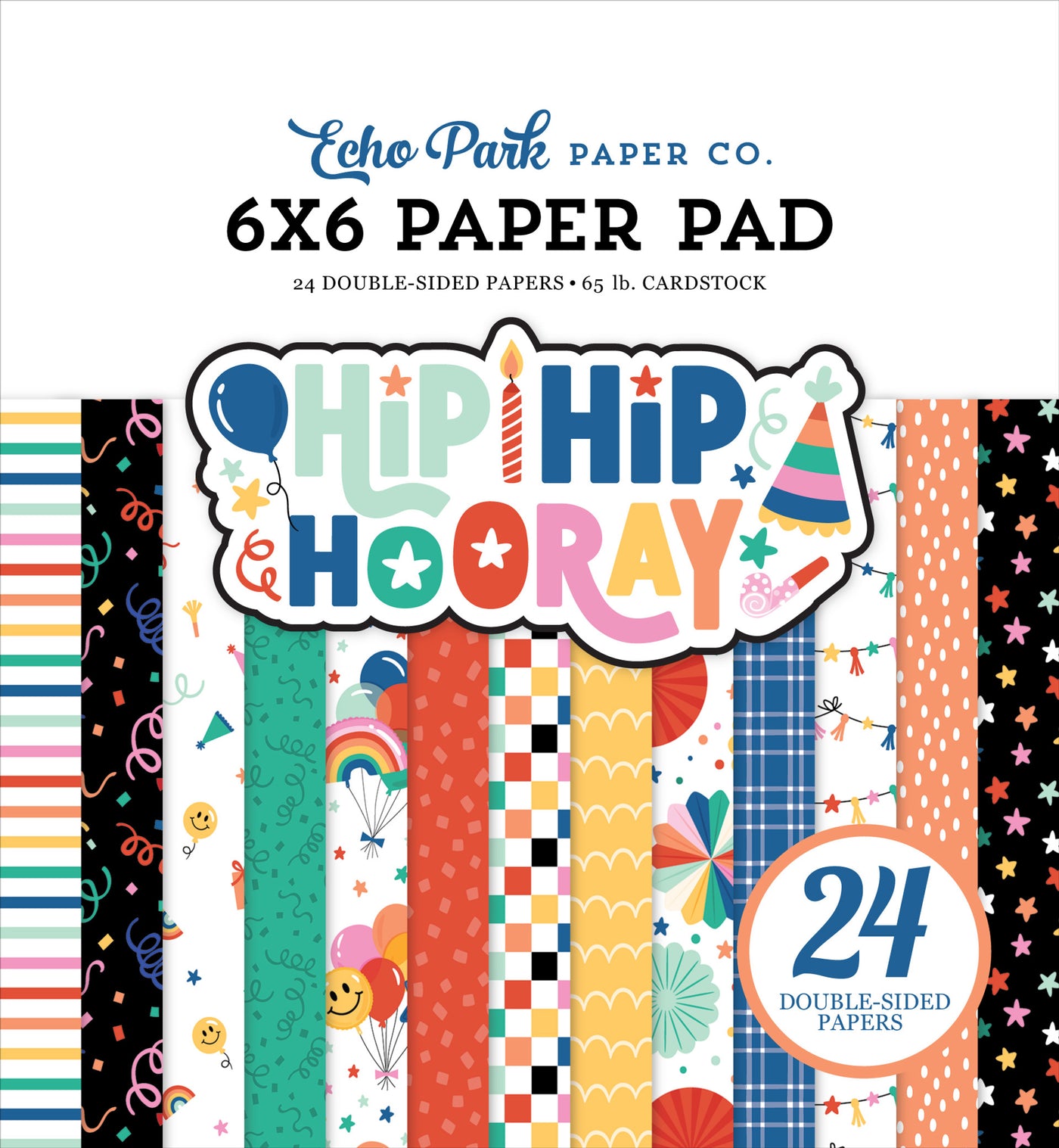 Birthday theme for girl or boy. 6x6 pad with 24 colorful, double-sided pages. Ideal for cards. By Echo Park Paper.