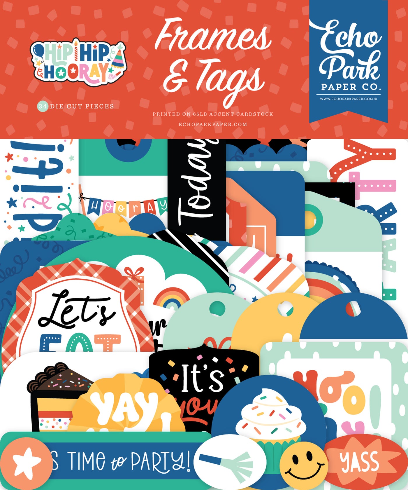 Hip Hip Hooray Frames &amp; Tags Die Cut Cardstock Pack. Pack includes 33 different die-cut shapes ready to embellish any project. Package size is 4.5" x 5.25"