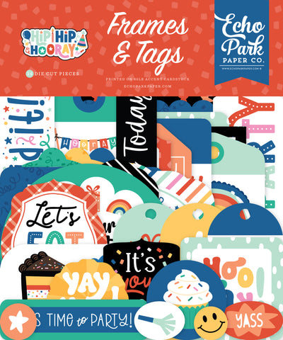 Hip Hip Hooray Frames &amp; Tags Die Cut Cardstock Pack. Pack includes 33 different die-cut shapes ready to embellish any project. Package size is 4.5" x 5.25"