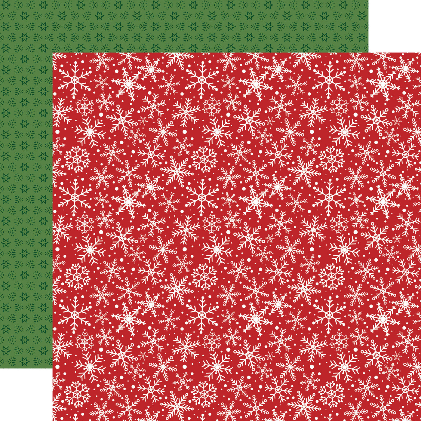 (Side A - numerous white snowflakes of varying sizes and designs, along with tiny white dots, all scattered across a bright red background; Side B - a solid green background with a subtle, repeating geometric pattern of small, darker green six-pointed stars)