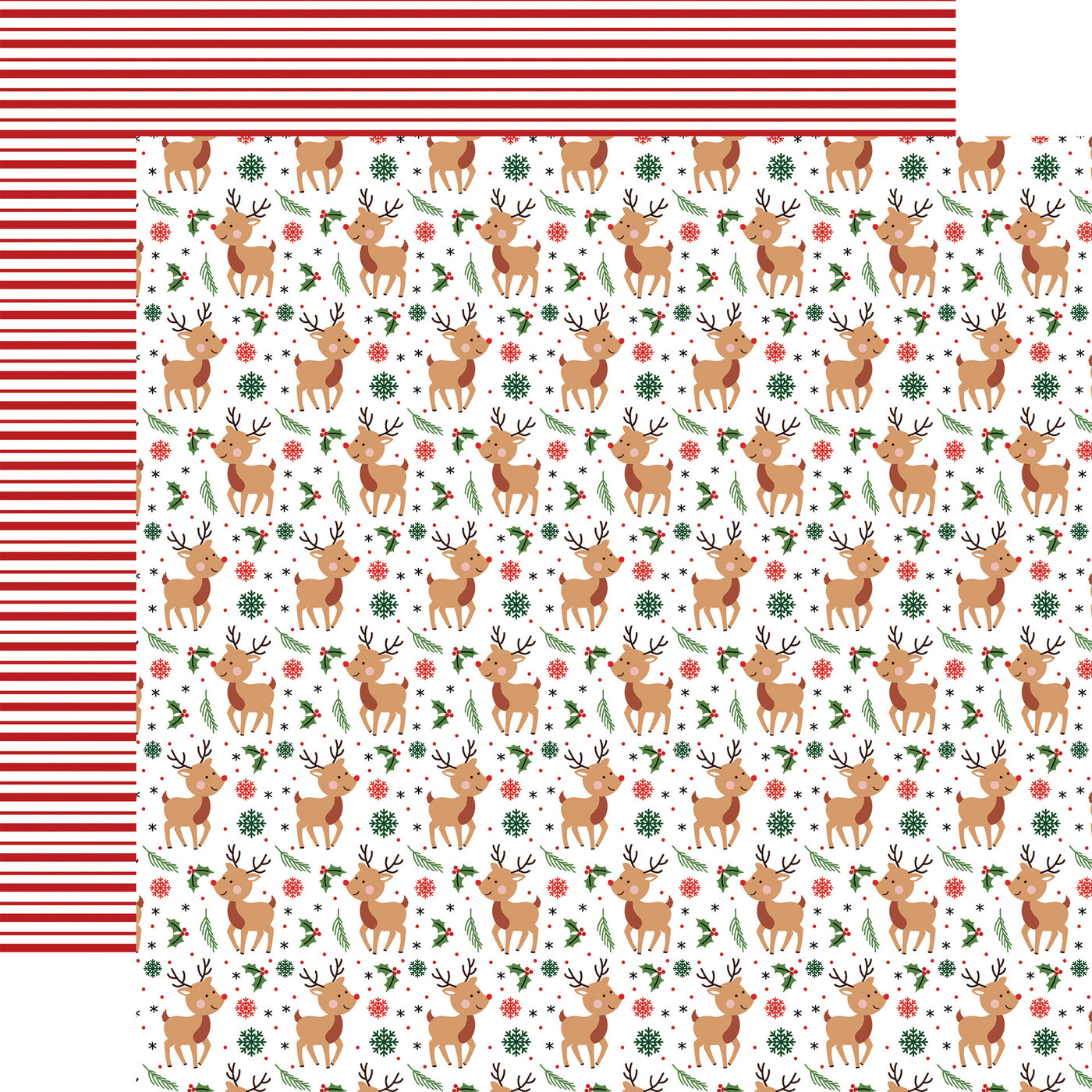 (Side A - pattern of cartoon deer or reindeer, interspersed with green holly leaves, red berries, and white snowflakes on a white background, Side B - alternating red and white horizontal lines)