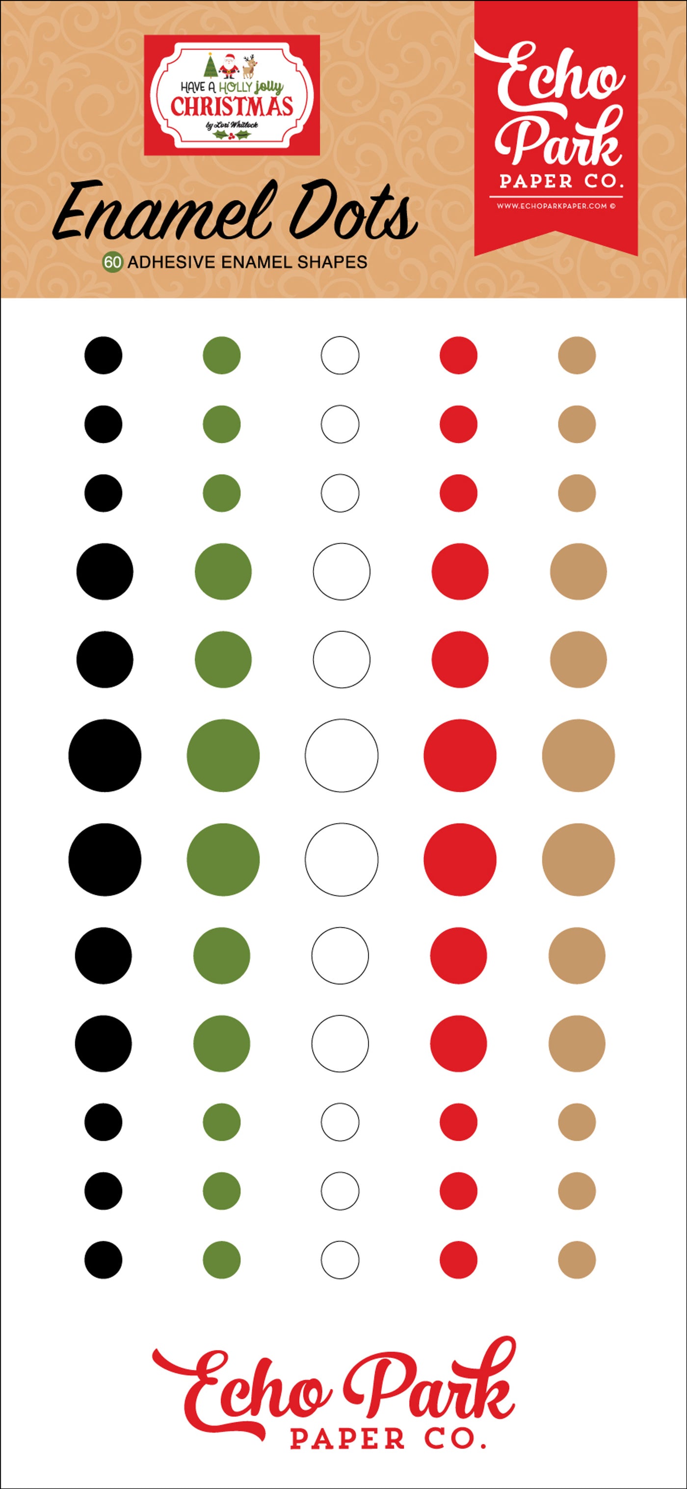 60 Enamel Dots in five coordinated colors and three sizes, with an adhesive back, are designed to coordinate with the Have A Holly Jolly Christmas Collection by Echo Park Paper Co.
