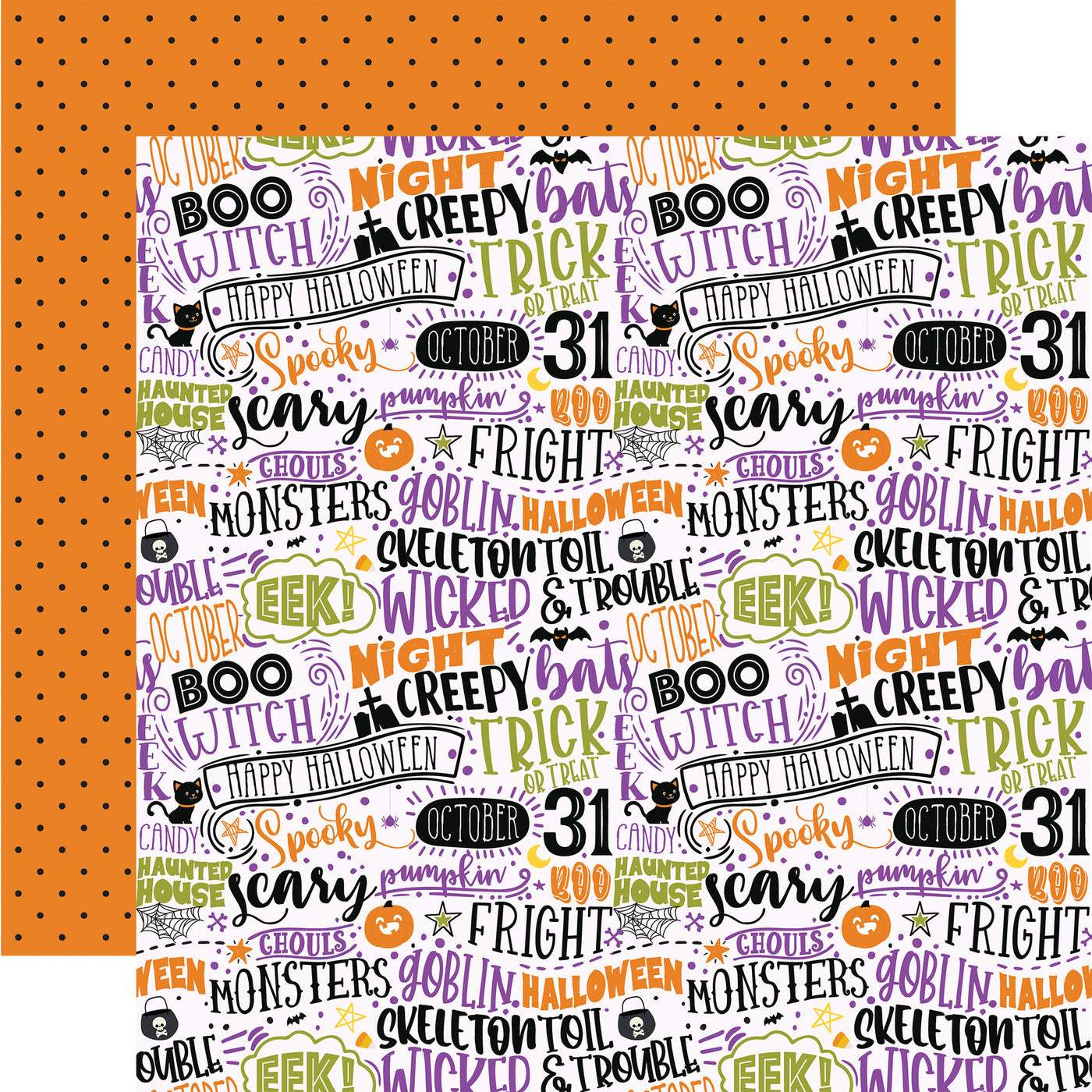 (Side A - a collage of Halloween-themed words and small illustrations (like bats, pumpkins, witches' hats) in various fonts and colors (purple, green, orange, black, white) on a light background; Side B - a solid orange background with a repeating pattern of small black polka dots)
