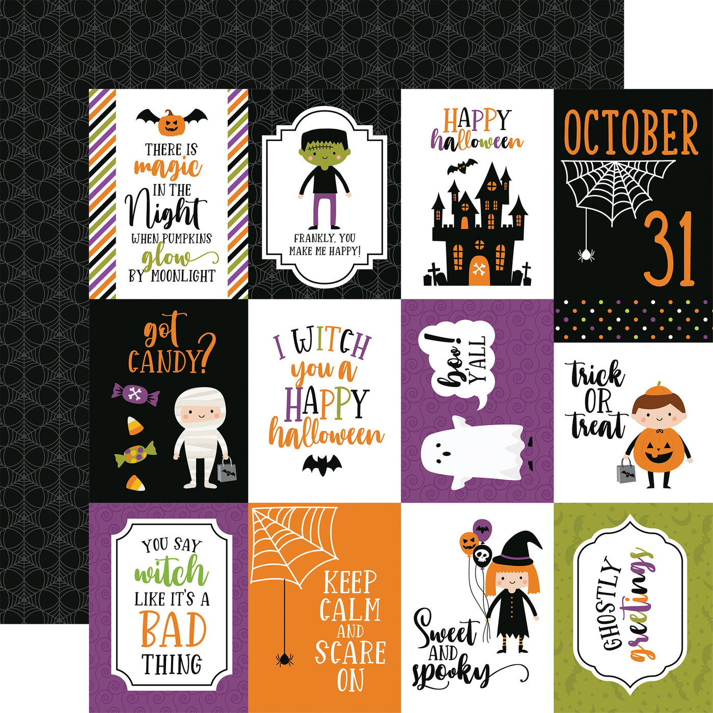 Collection of Halloween-themed cards with various designs and text with a black spider web background reverse.