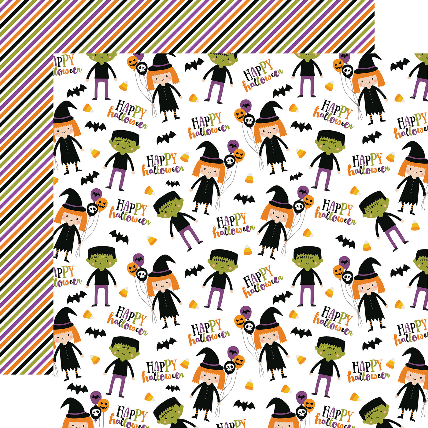 Halloween pattern on a white background with matching stripe pattern reverse.