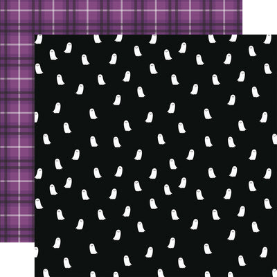 Black paper with white ghost pattern, a purple plaid background reverse.