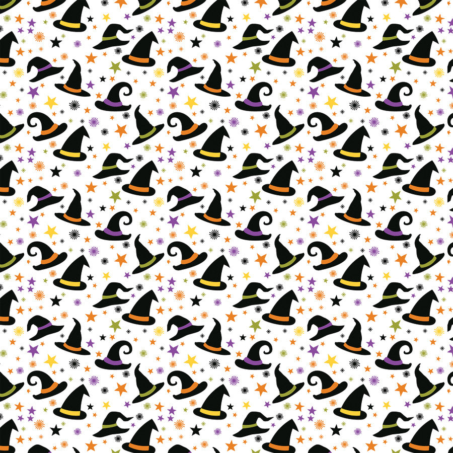 Pattern of colorful witch hats and stars on a white background