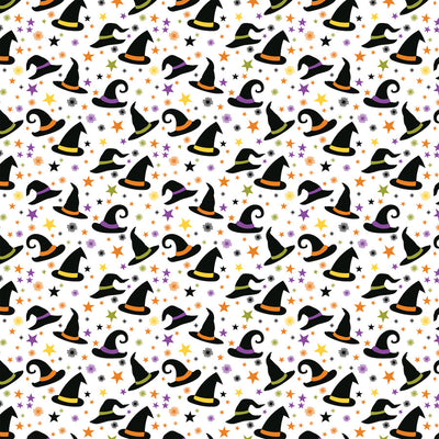 Pattern of colorful witch hats and stars on a white background
