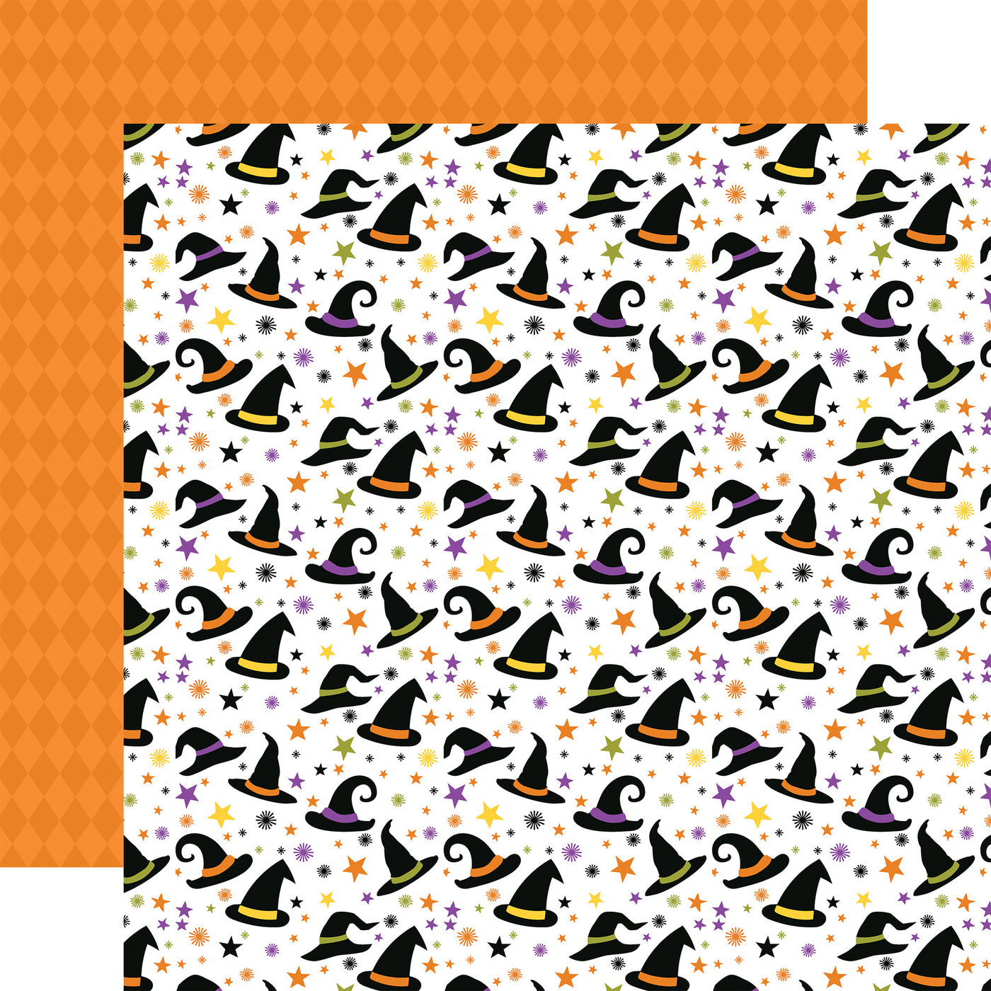 Pattern of colorful witch hats and stars on a white background, with orange argyle pattern reverse.