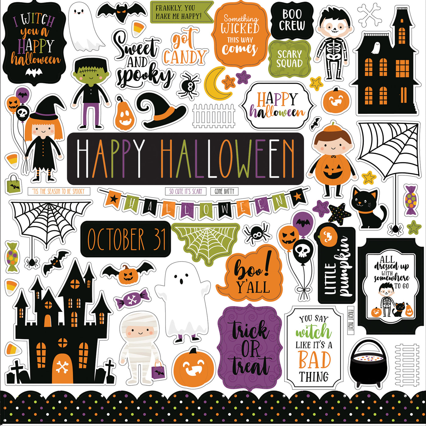 Halloween Magic Elements 12" x 12" Cardstock Stickers from the Halloween Magic Collection by Echo Park. Stickers include phrases, frames, pumpkins, ghosts, skeletons, and more!