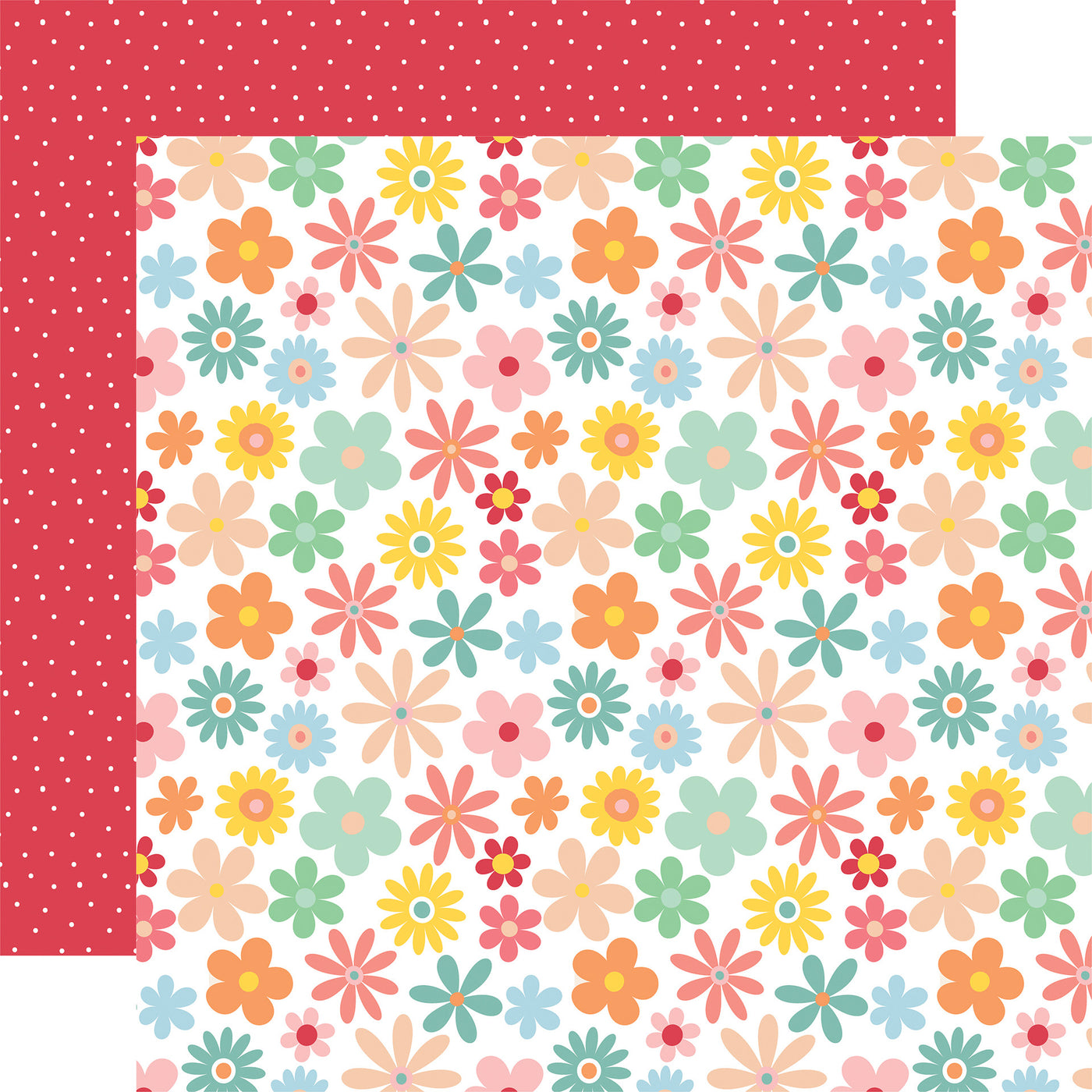 From Echo Park Paper, 12x12 double-sided patterned paper - (bright retro daisy pattern with a white polka dots pattern on a red background reverse).