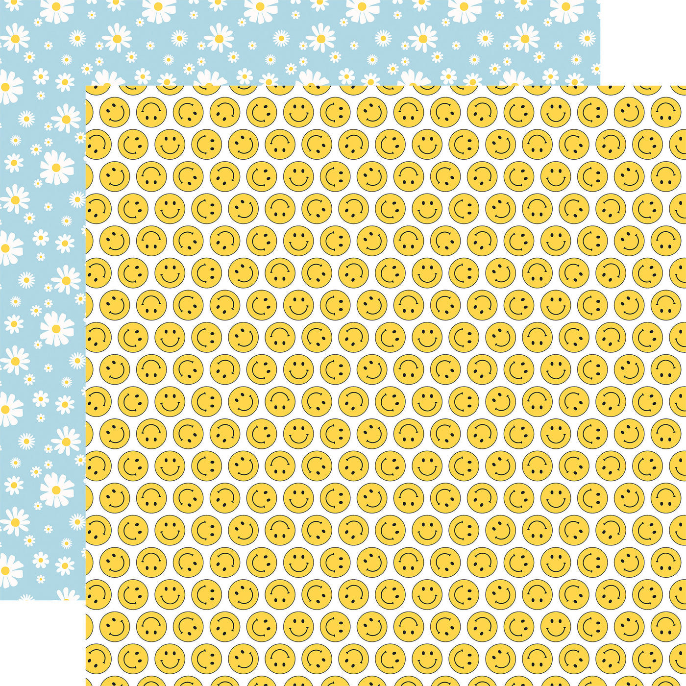 From Echo Park Paper, 12x12 double-sided patterned paper - (rows of bright yellow smiley faces with a white floral daisy pattern on a sky blue background reverse).