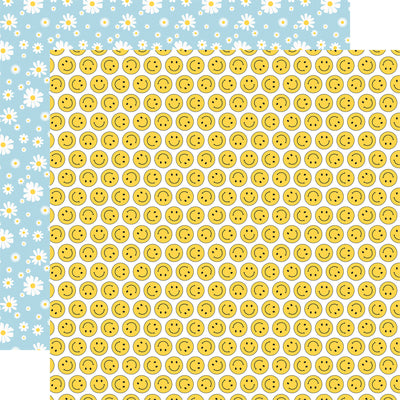From Echo Park Paper, 12x12 double-sided patterned paper - (rows of bright yellow smiley faces with a white floral daisy pattern on a sky blue background reverse).