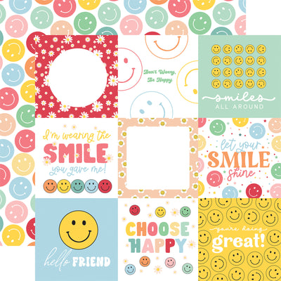 From Echo Park Paper, 12x12 double-sided patterned paper - (4X4 journaling cards with a bright smiley face pattern in multiple colors on a white background reverse).