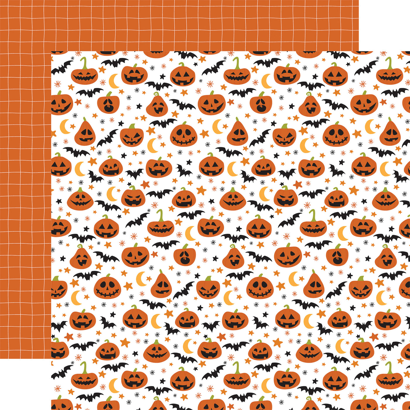Halloween-themed paper with pumpkins, bats, and stars on a white background, with orange plaid reverse
