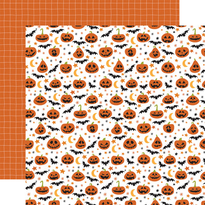 Halloween-themed paper with pumpkins, bats, and stars on a white background, with orange plaid reverse