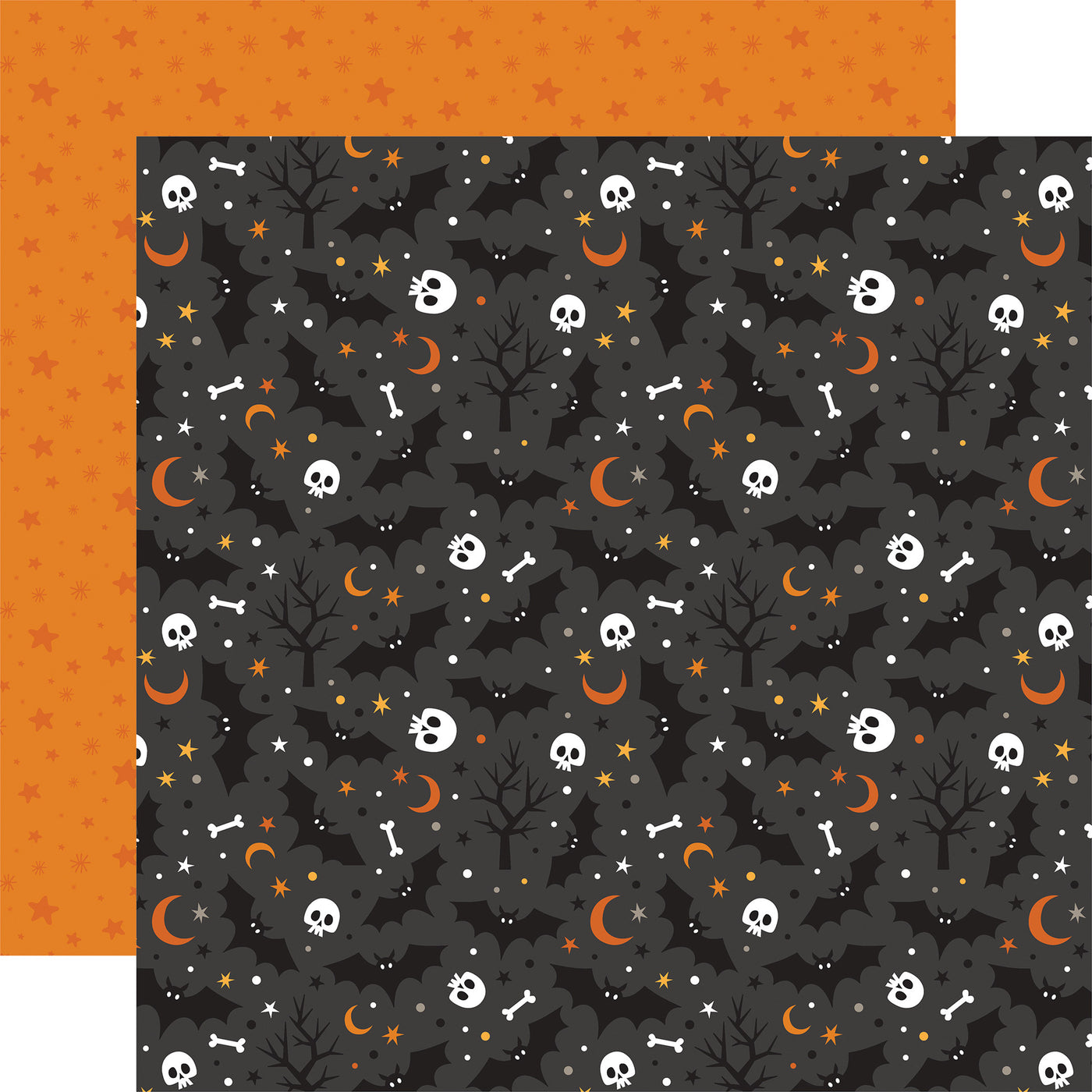 (Side A - a dark, spooky design on the front, with scattered white skulls, bones, orange crescent moons, yellow stars, and bare black trees against a background of dark gray clouds and faint bats; Side B - a solid orange background with a subtle pattern of scattered darker orange stars)