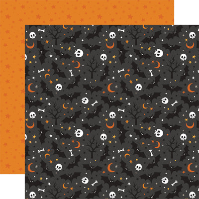 (Side A - a dark, spooky design on the front, with scattered white skulls, bones, orange crescent moons, yellow stars, and bare black trees against a background of dark gray clouds and faint bats; Side B - a solid orange background with a subtle pattern of scattered darker orange stars)