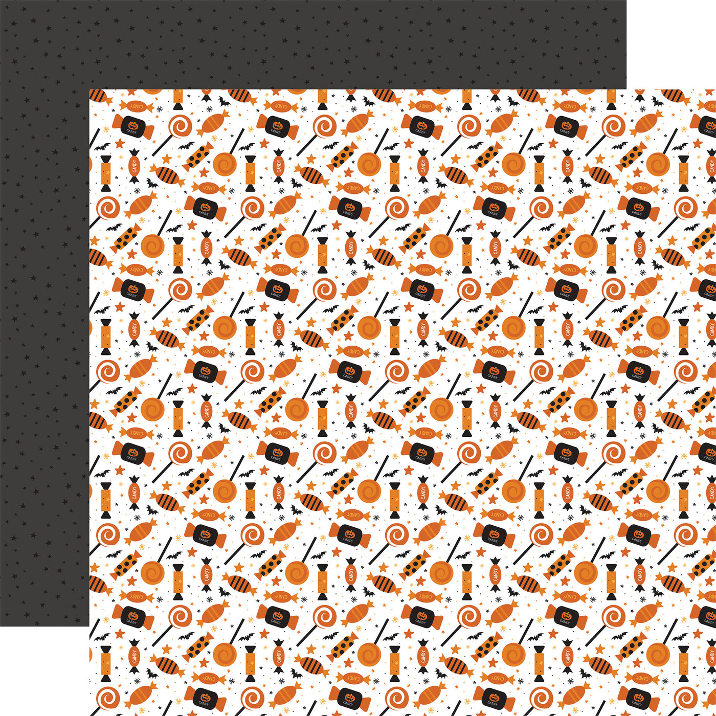 Halloween-themed paper with candy patterns on a white background, black pattern reverse.