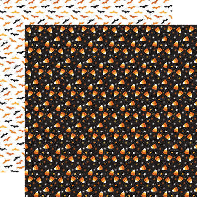 (Side A - candy corn and stars on a black background, Side B - black, orange, and yellow bats on a white background)