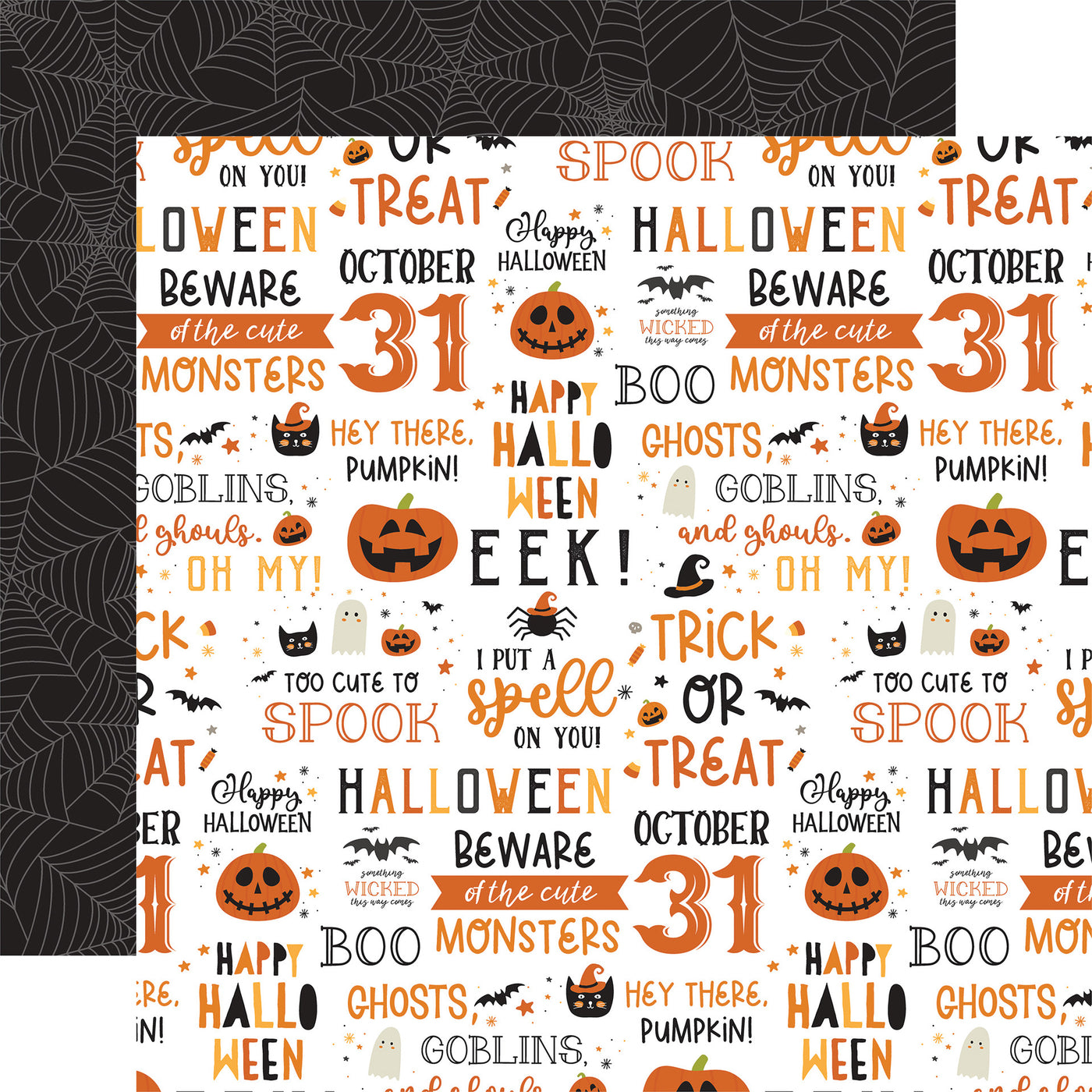 Halloween-themed paper with text and graphics on a white background, spider webs on a black background reverse.