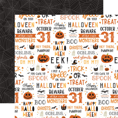 Halloween-themed paper with text and graphics on a white background, spider webs on a black background reverse.