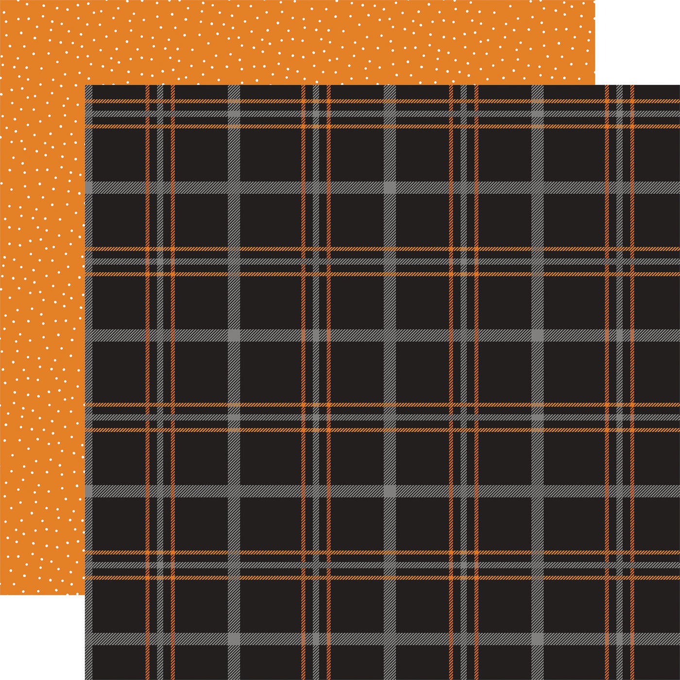 Plaid pattern with black, orange, gray, and orange background reverse.