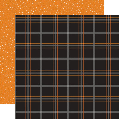 Plaid pattern with black, orange, gray, and orange background reverse.