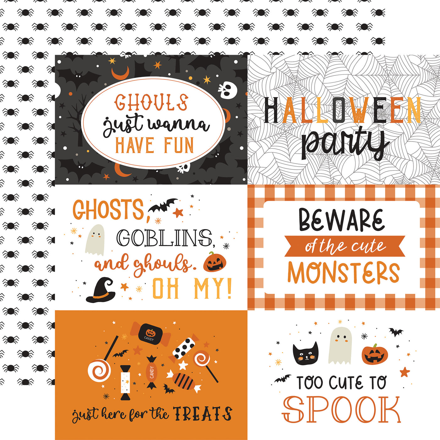 (Side A - 6X4 Halloween journaling cards, Side B - black spiders on a white background)