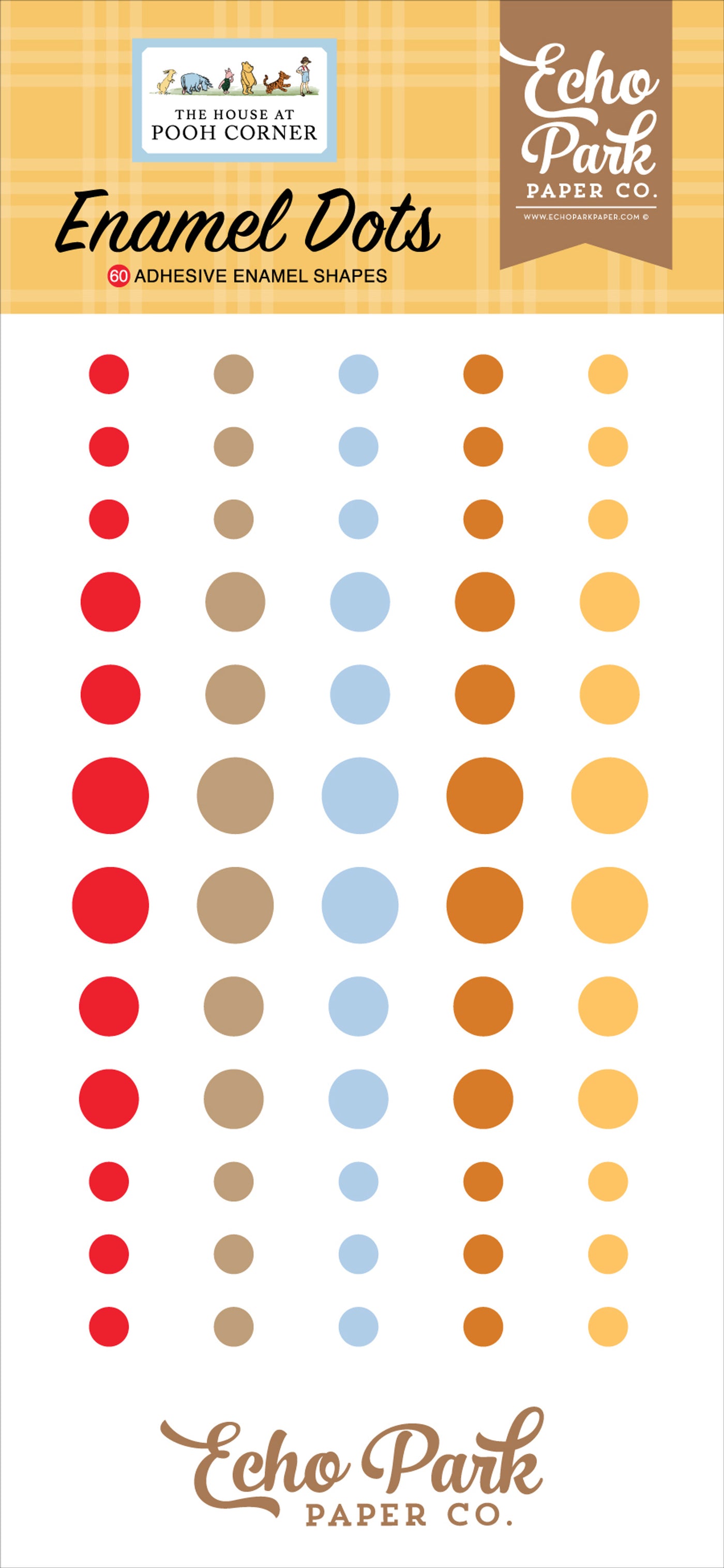 60 Enamel Dots in 5 coordinated colors, three sizes; adhesive back, designed to coordinate with The House At Pooh Corner Collection by Echo Park Paper Co.