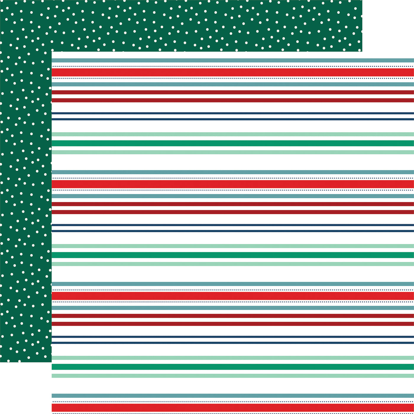 Pattern of horizontal stripes in red and green on a white background with white polka dots on a green background, reverse.