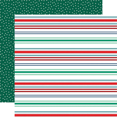 Pattern of horizontal stripes in red and green on a white background with white polka dots on a green background, reverse.