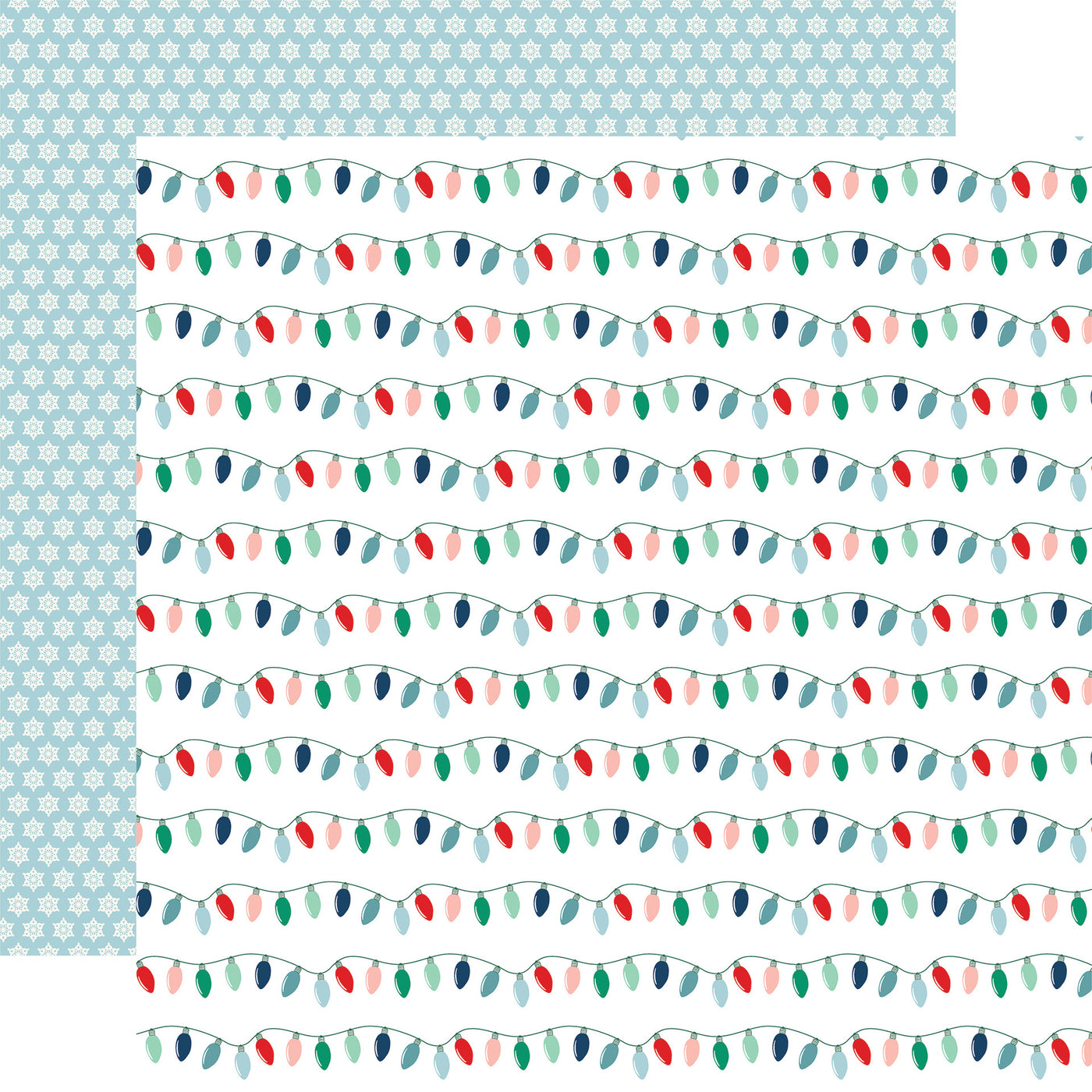 Pattern of colorful string lights on a blue and white background