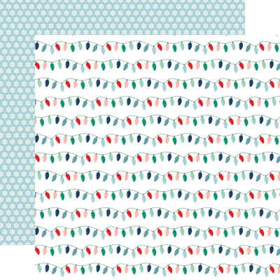 Pattern of colorful string lights on a blue and white background