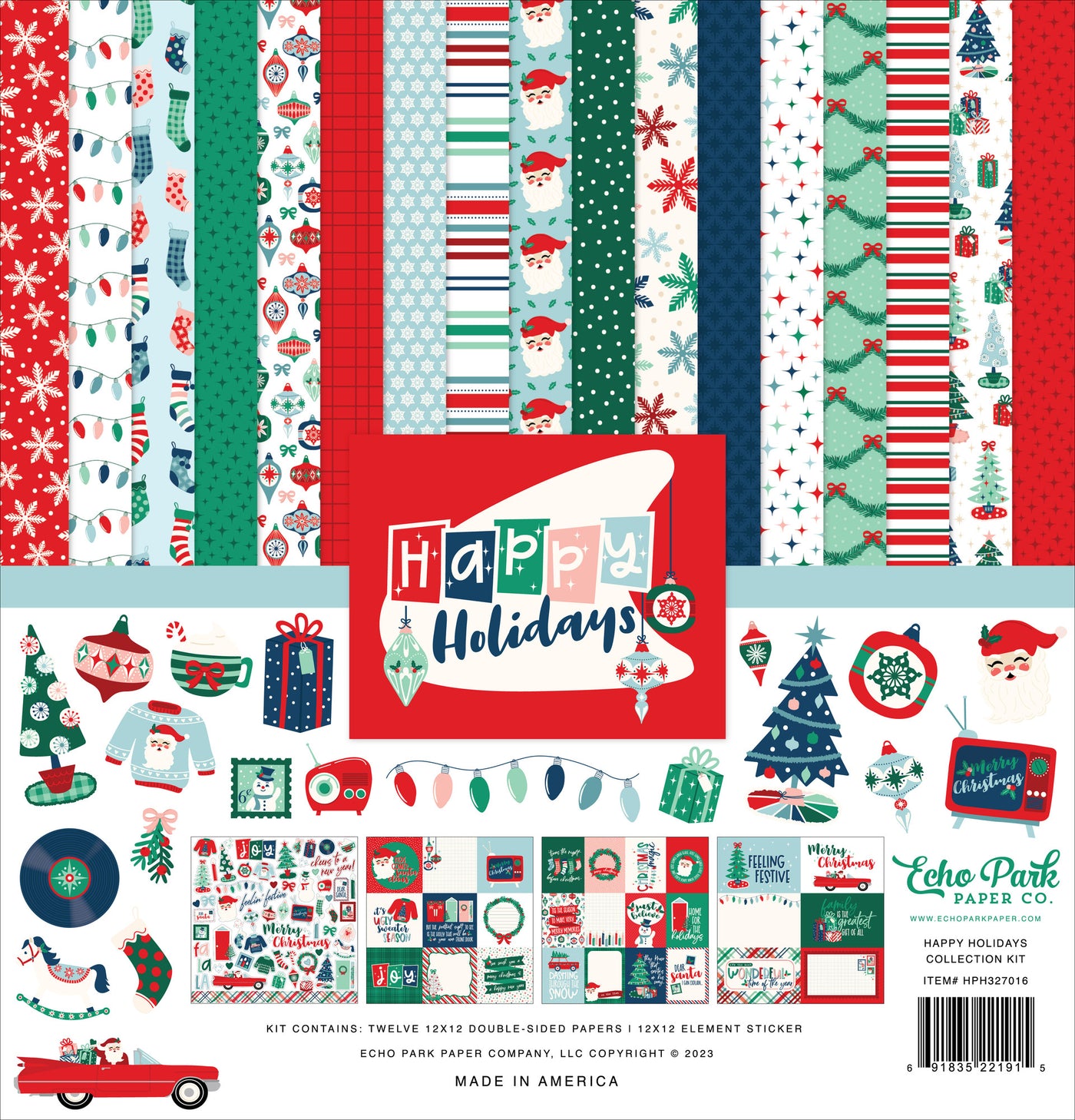 Happy Holidays Collection Kit by Echo Park - The kit contains 12 double-sided papers that feature all the fun reasons we love Christmas. The kit includes a 12x12 sheet of themed Element stickers by Echo Park.