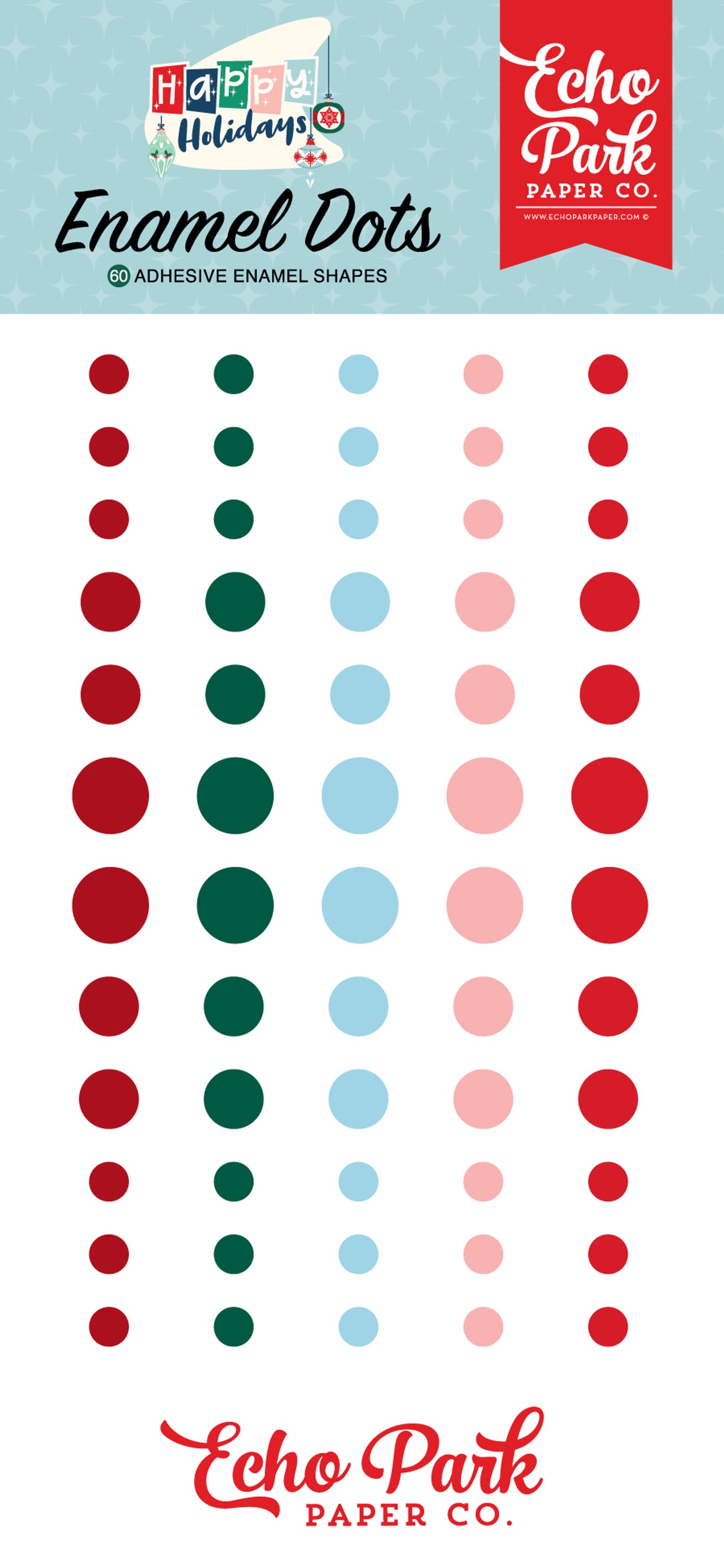 60 Enamel Dots in green, dark red, light blue, pink, and red, in three sizes, adhesive back, designed to coordinate with the Happy Holidays Collection by Echo Park.