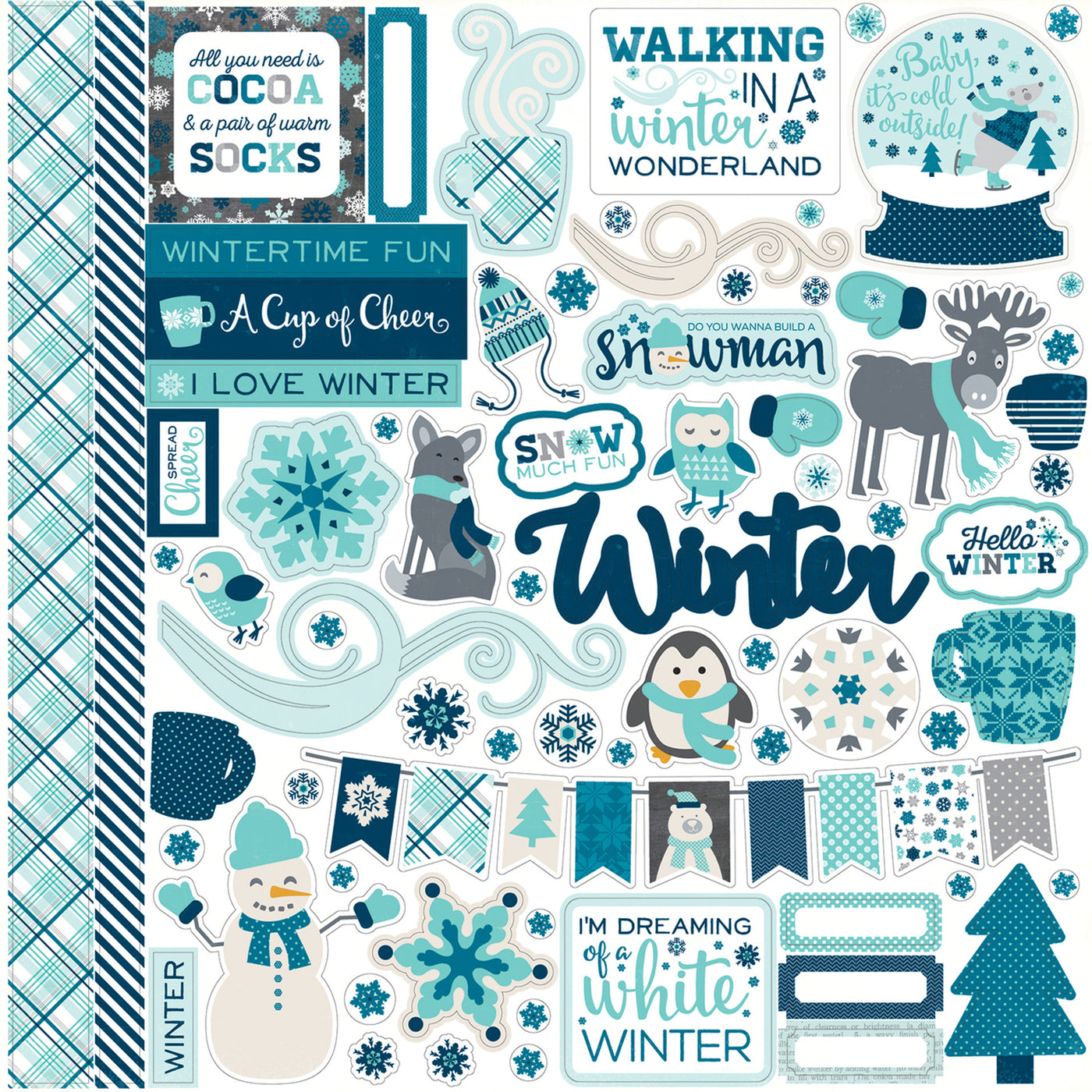 Hello Winter Elements 12" x 12" Cardstock Stickers from the Hello Winter Christmas Collection by Echo Park. These stickers include snowmen, penguins, snowflakes, cups of hot chocolate, phrases, banners, and more!
