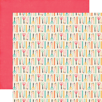 Patterned paper with colorful scissors on a cream background, with red checked reverse.