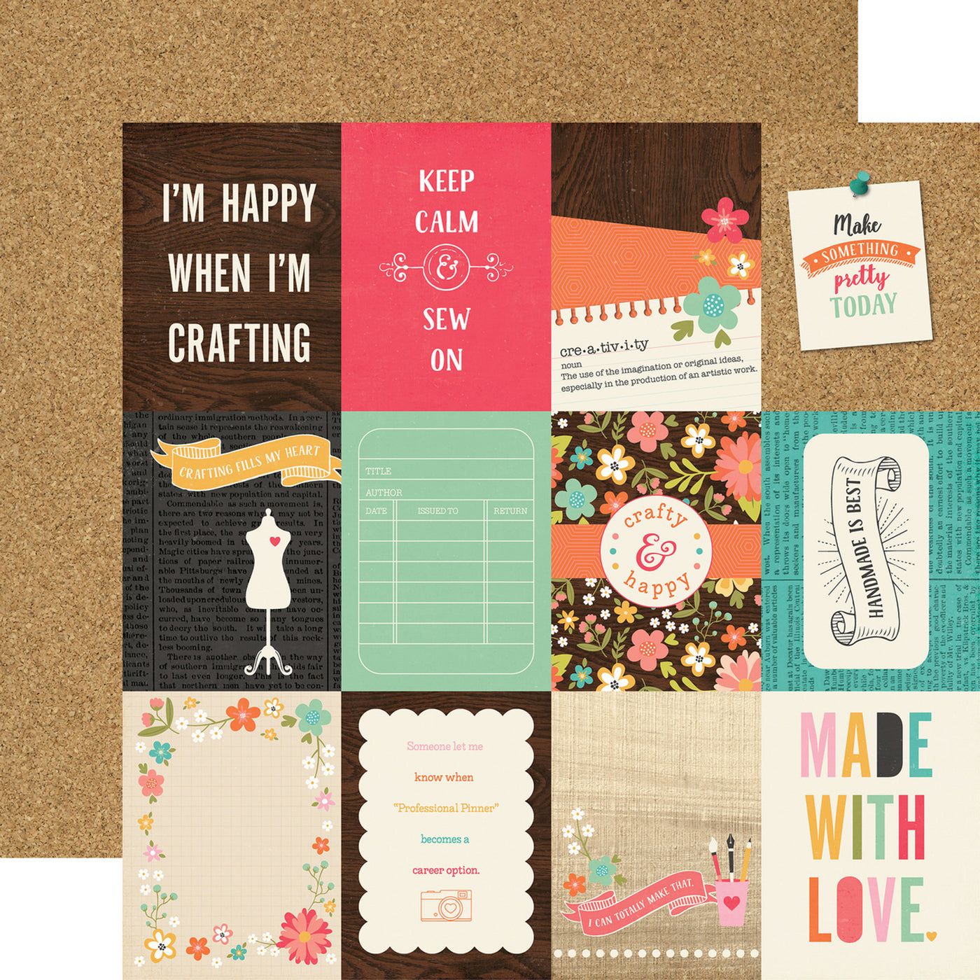 Collection of craft-themed journaling cards with a corkboard background, reverse.