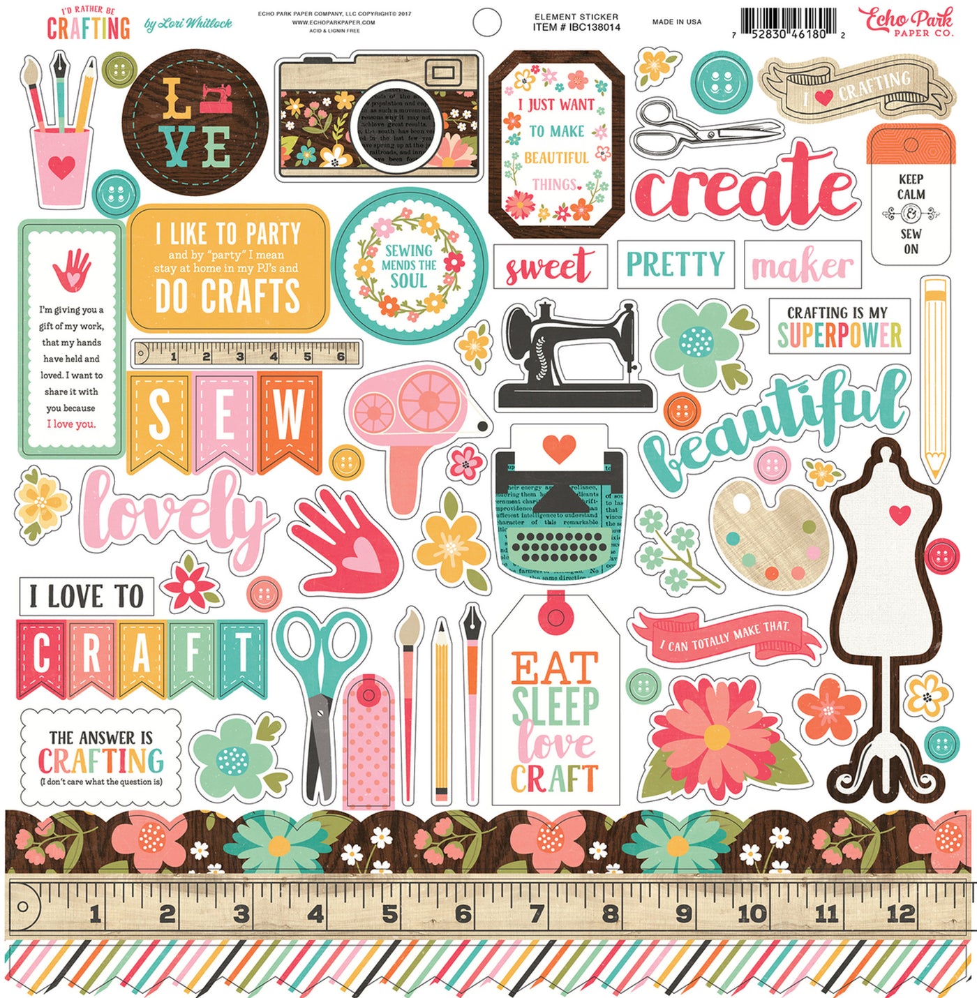 I'd Rather Be Crafting Elements 12" x 12" Cardstock Stickers from the I'd Rather Be Crafting&nbsp; Collection by Echo Park. These stickers include sewing items, a camera, crafting items, flowers, phrases, borders, and more!