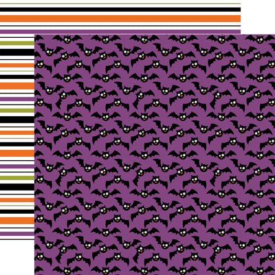 (Side A - flying black bats on a purple backgrounf, Side B - black, orange, green, and purple stripes on a white background)