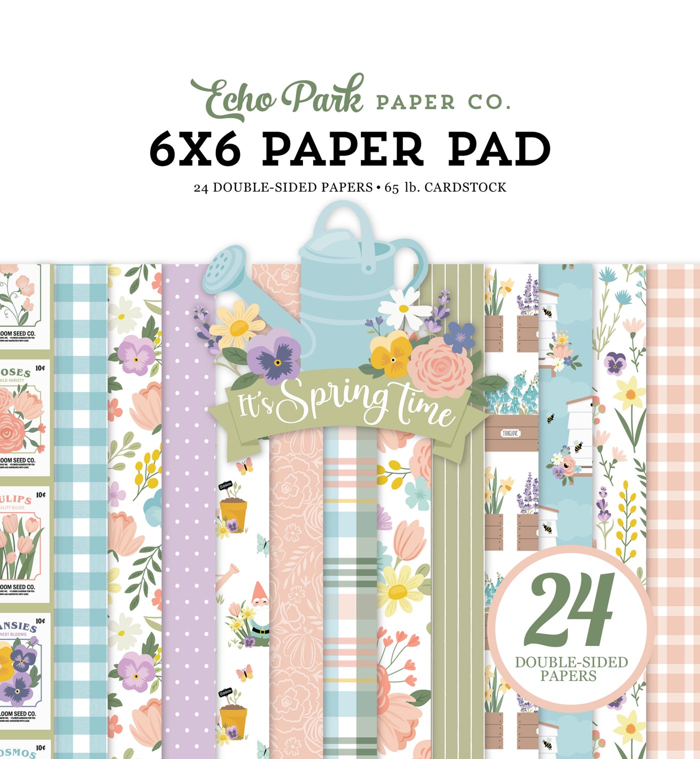 Spring pastel colors in floral and geometric patterns. Twenty-four double-sided 6x6 pages for springtime cards and paper crafting projects. By Echo Park Paper Co.