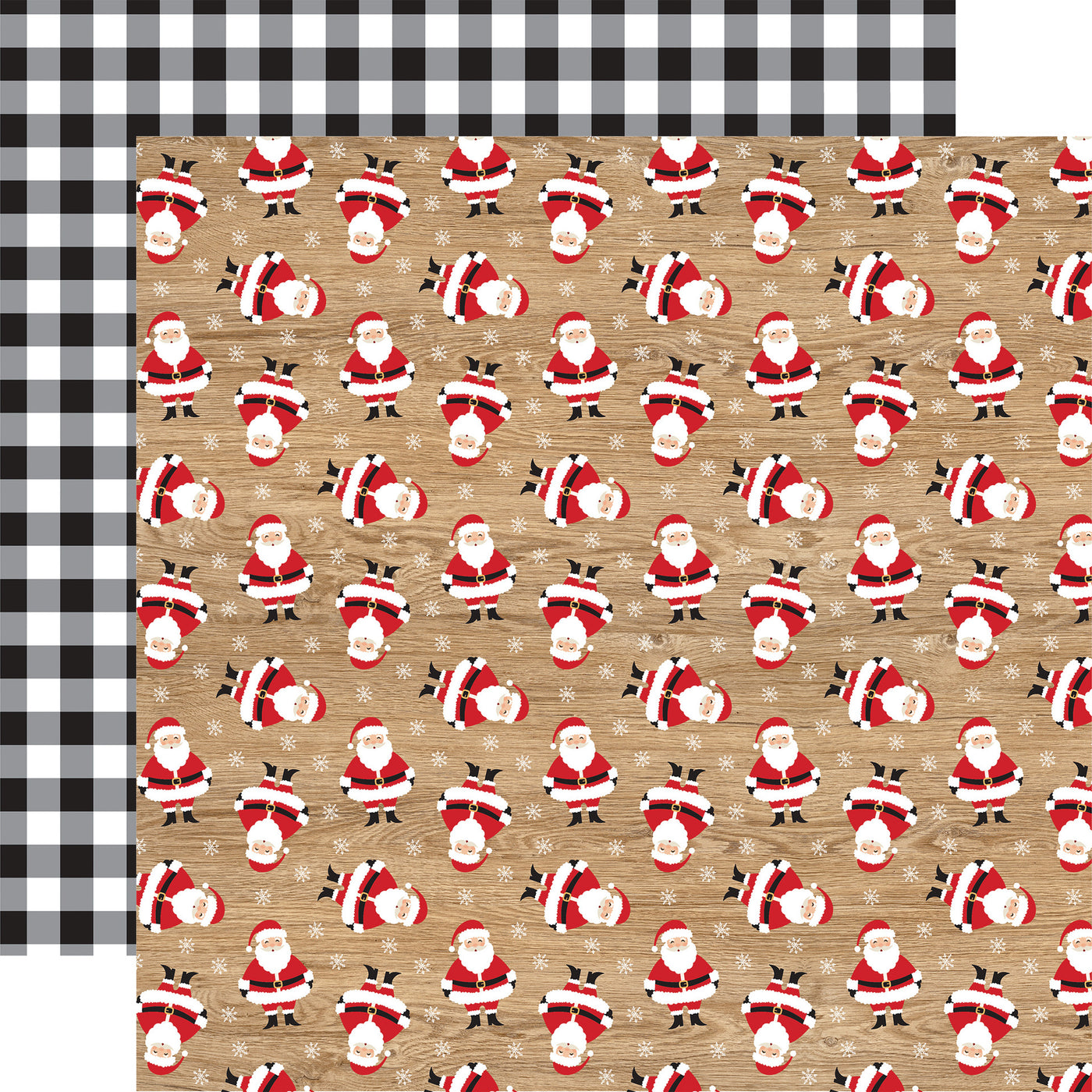 Archival safe (Side A - Santas all over on a brown woodgrain background, Side B - black and white gingham)