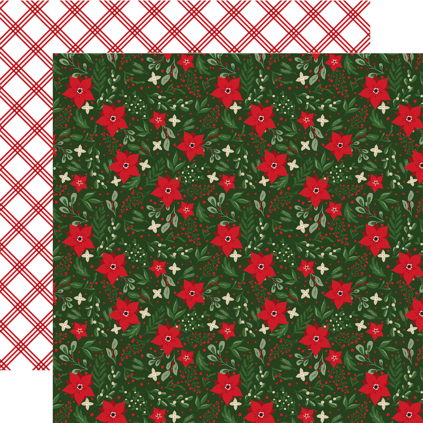 Archival safe (Side A - poinsettias and holly floral on a dark green background, Side B - red diagonal plaid on a white background)