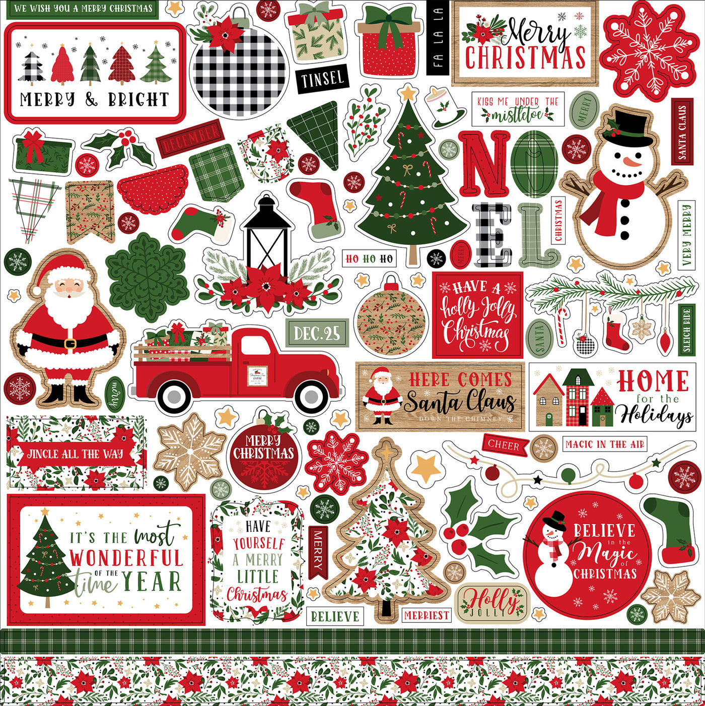 Jingle All The Way Elements 12" x 12" Cardstock Stickers from the Jingle All The Way Collection by Echo Park. These stickers include Santa, snowmen, Christmas trees, ornaments, banners, borders, and more!  