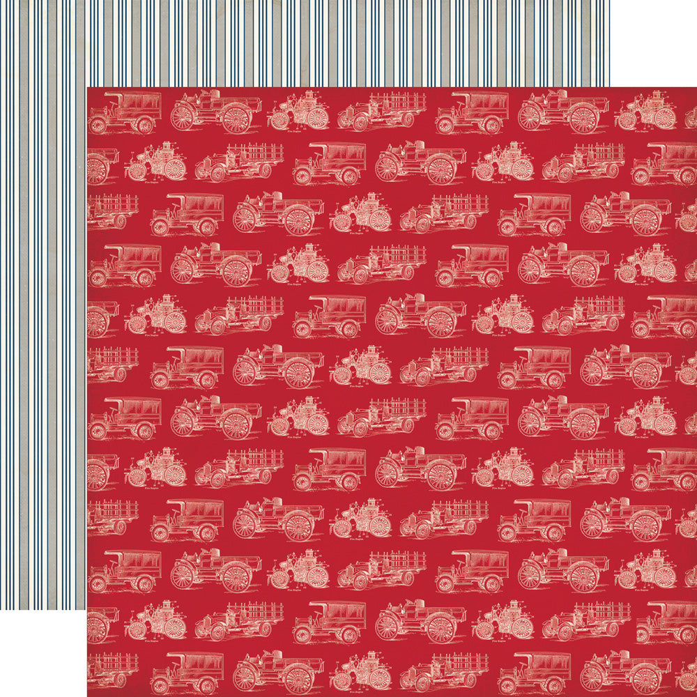 12x12 double-sided patterned paper. (Side A - vintage trucks on a red background; Side B - white, blue, and gray stripes)