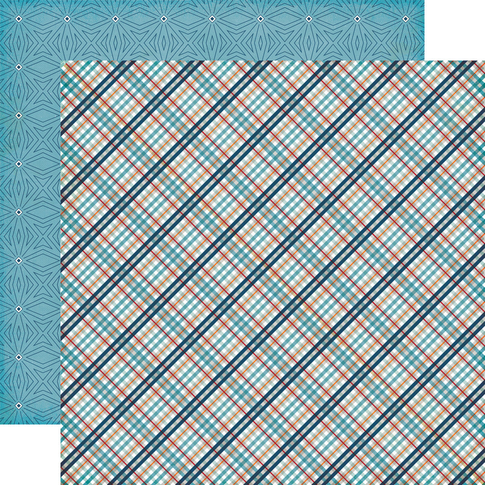 (Side A - blue and brown plaid on a white background; Side B - fancy blue pattern on a blue background)