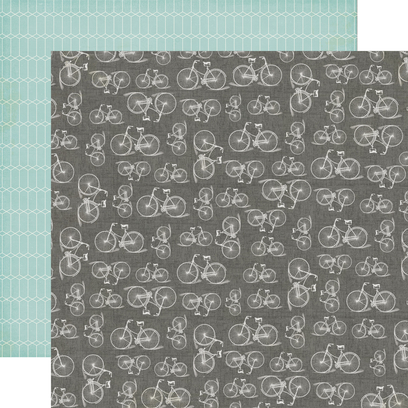 12x12 double-sided patterned paper. (Side A - white bicycles on a gray background, Side B - white geometric pattern on a turquoise background)