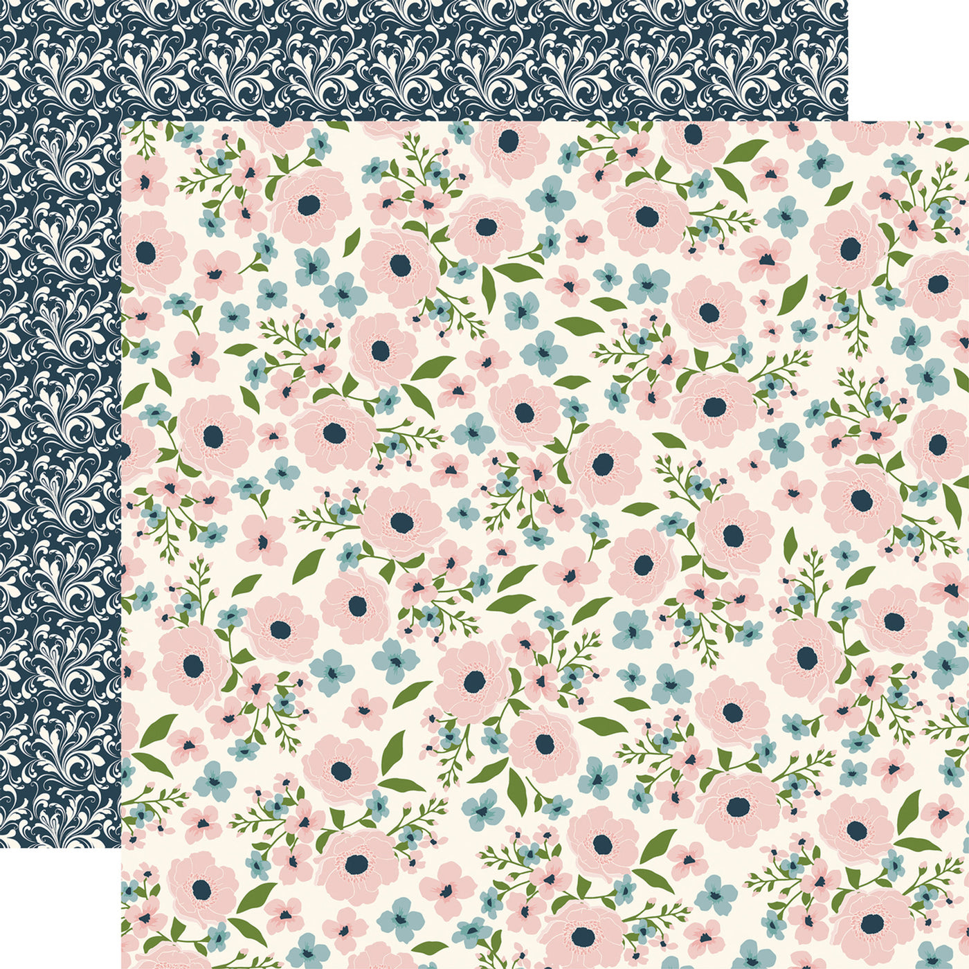 (Side A - pink and blue flowers on an off-white background; Side12x12 double-sided patterned paper. 