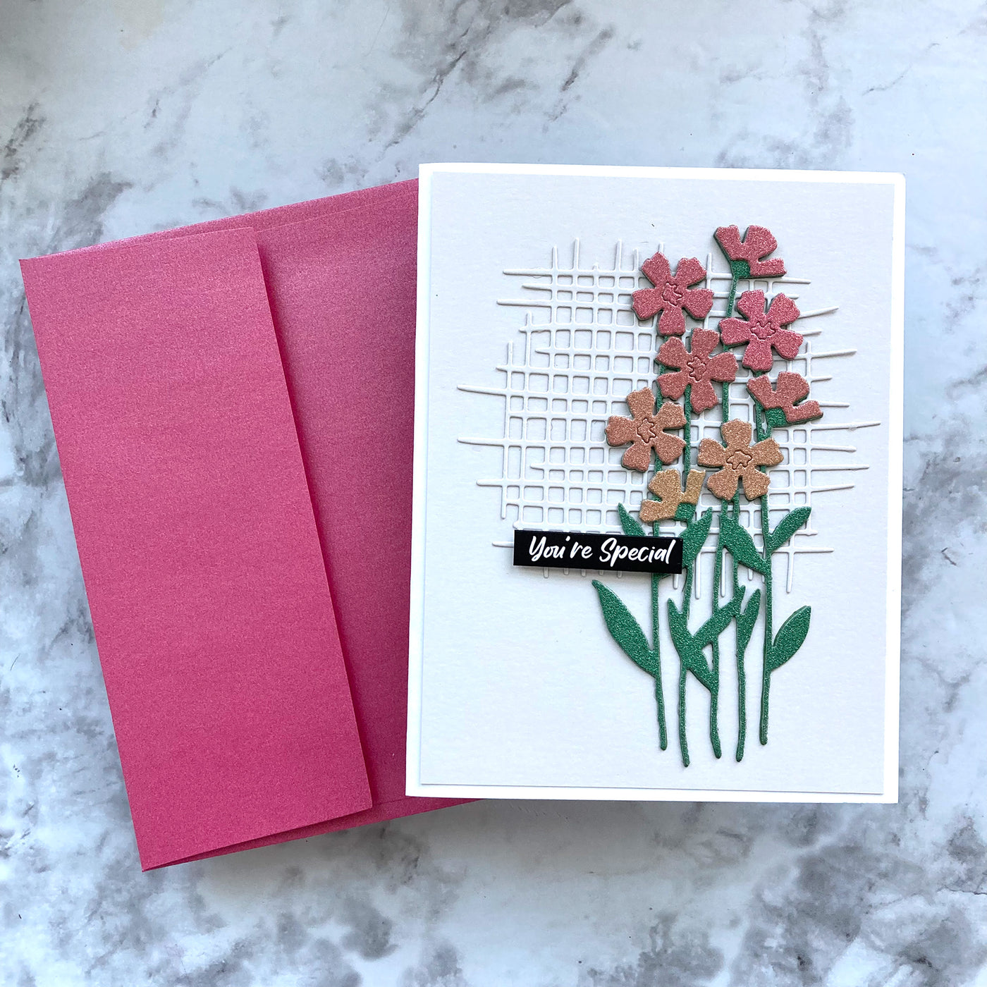 handmade card featuring azalea envelope
